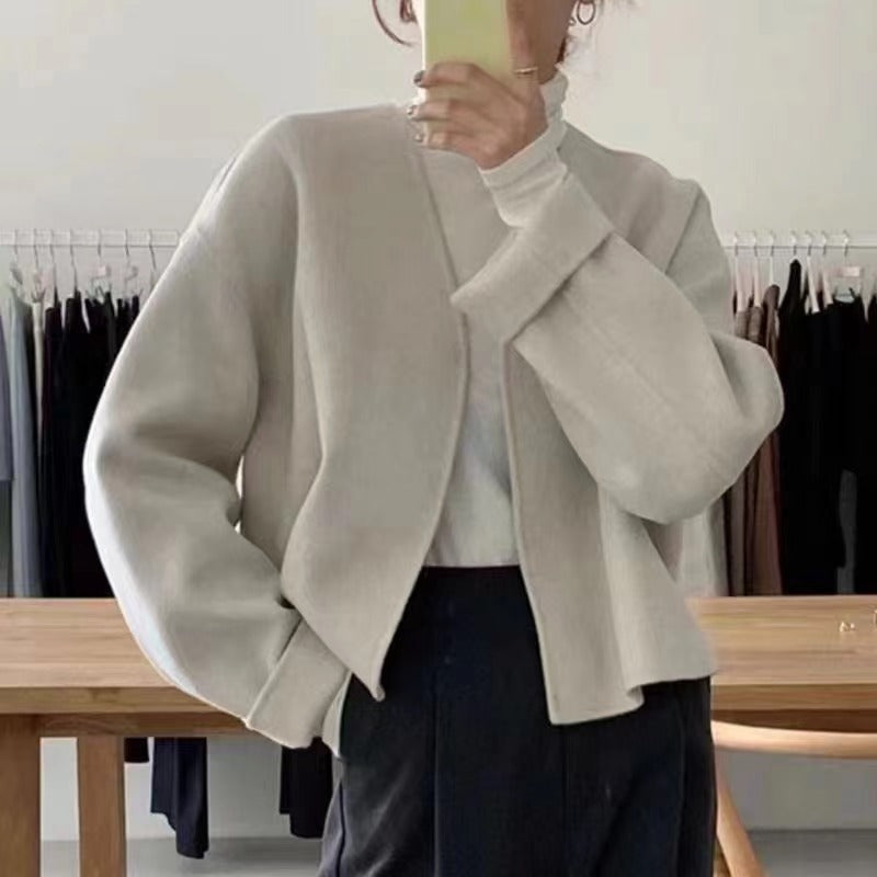 Stylish Graceful Simple Small V-neck Loose Woolen Coat