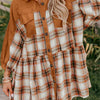 Khaki Plaid Color Block Patchwork Ruffle Hem Tunic Shirt Dress