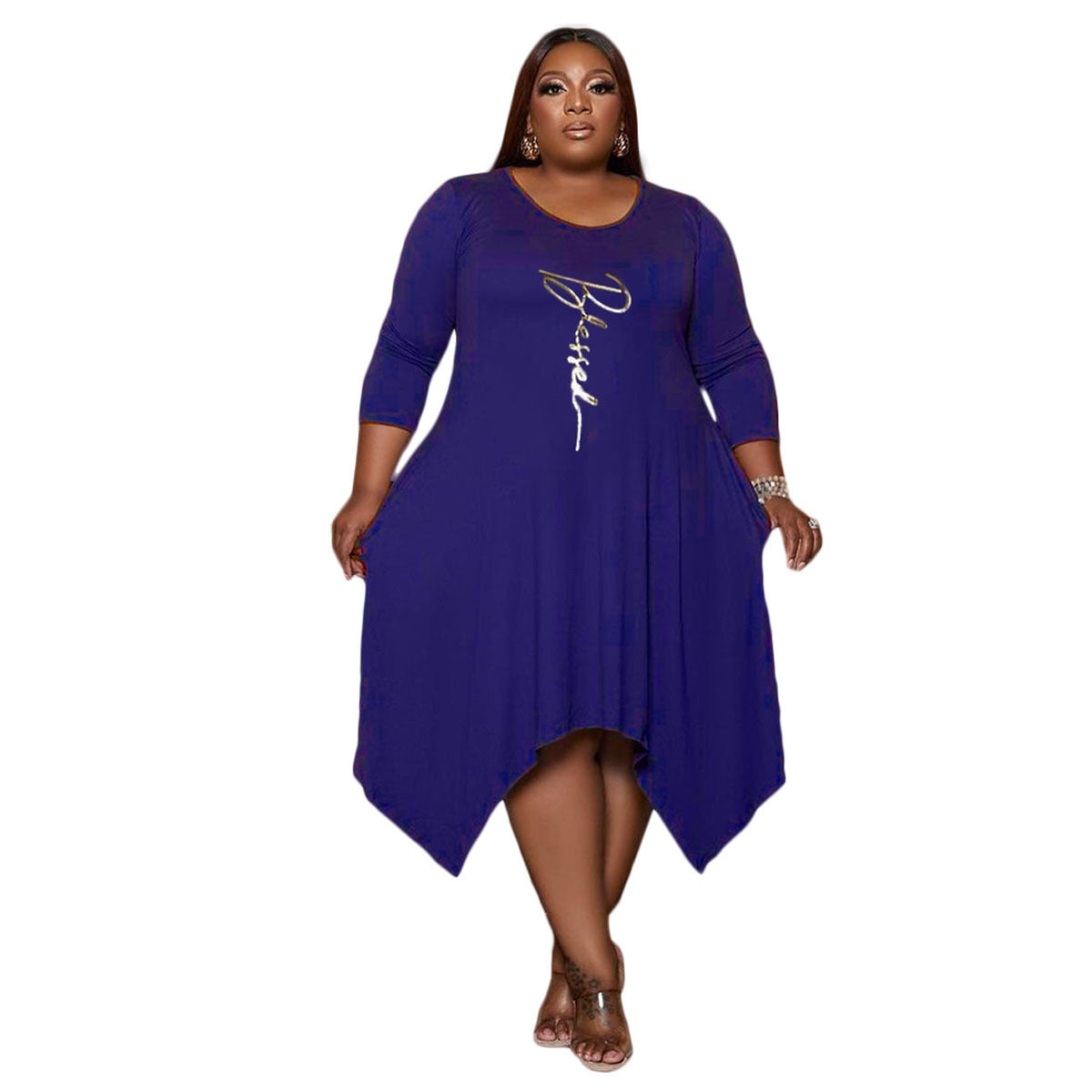 Plus Size Printed Irregular Swing Pocket Dress