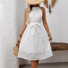Elegant White Embroidered High-waisted Halter Dress With A Cinched Waist