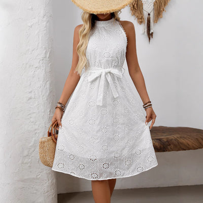 Elegant White Embroidered High-waisted Halter Dress With A Cinched Waist