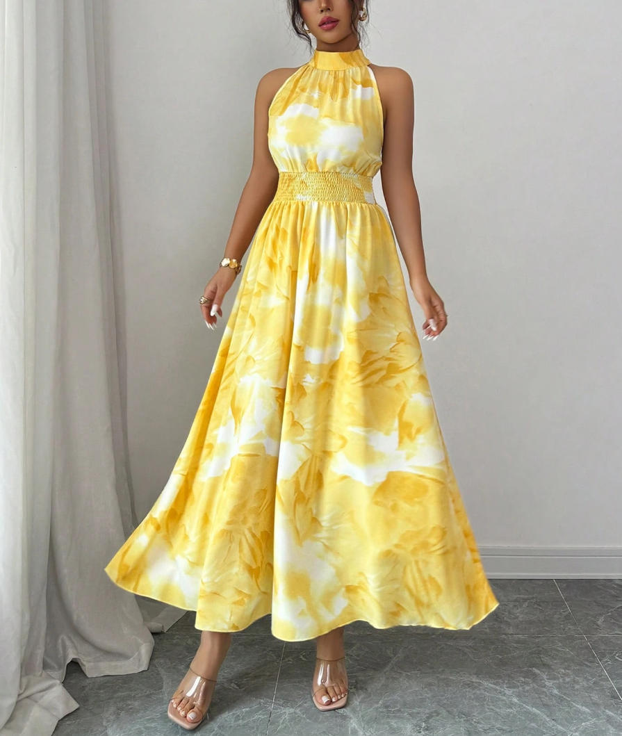 Neck Hanging Cinched Waist Sleeveless Dress With Ruffled Hem