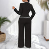 Women's Two-Piece V-Neck Long Sleeve Blouse With Contrast Trim & Straight Leg Wide Pants Set - Office Wear Suit For Spring&Fall