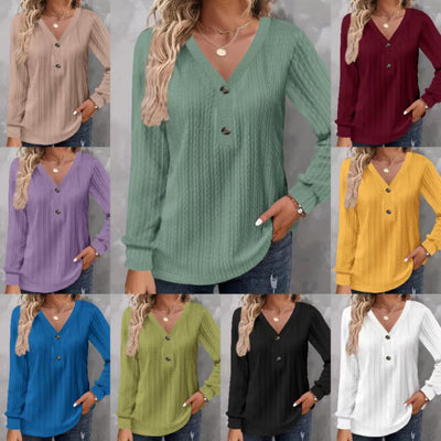 Buttoned Long-sleeve Solid-color V-neck Casual Chic