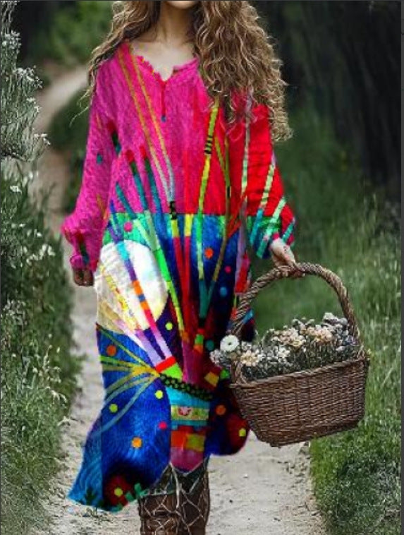 Vintage Printed V-neck Multi-color Long Sleeve Dress