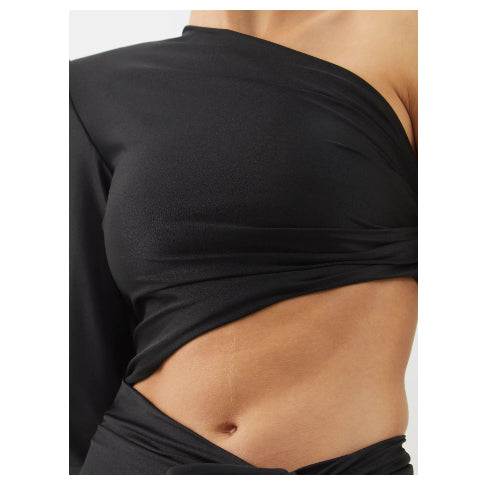 Vestito da donna a maniche lunghe con spacco obliquo a spalla scoperta, elasticizzato