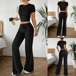 High Waist Pure Color Trousers Short Sleeve T-shirt Suit