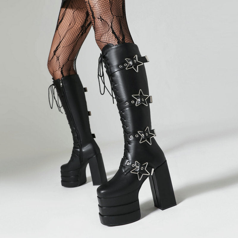Plus Size Thick Heel Super High Heel High Leg Boot Five-pointed Star Locking Buckle Front Lace-up