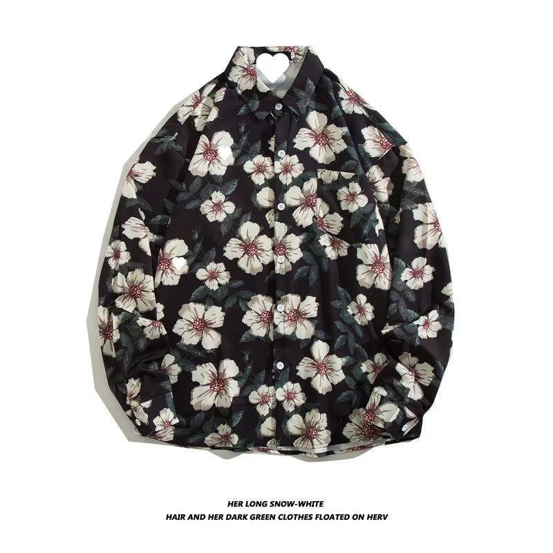 Men's Loose Hong Kong Style Retro Long Sleeve Printed Shirt