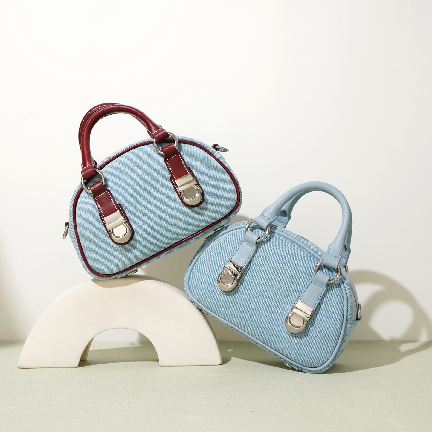 First Layer Cowhide With Denim Bun-shaped Bag
