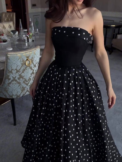 Black Strapless Polka Dot Full Skirt Maxi Dress