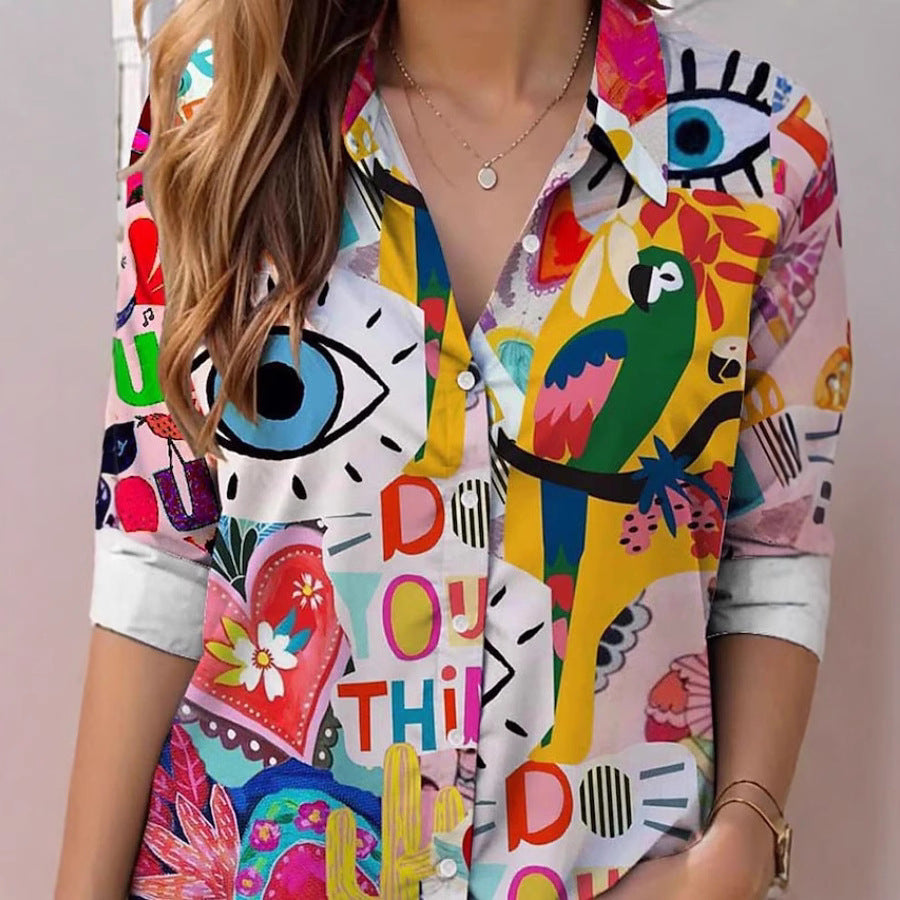 Camicia da donna a maniche lunghe stampata con risvolto