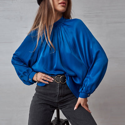 Irregular Stand Collar Stitching Lantern Sleeve Shirt Top
