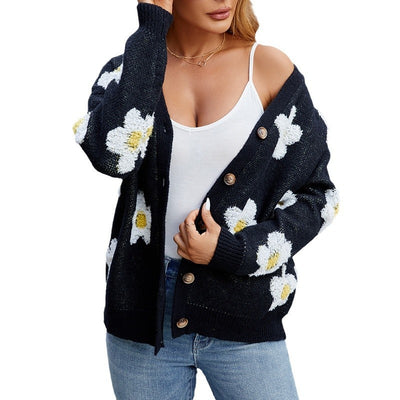 Cardigan lavorato a maglia con scollo a V e fiori tridimensionali per donna europea e americana