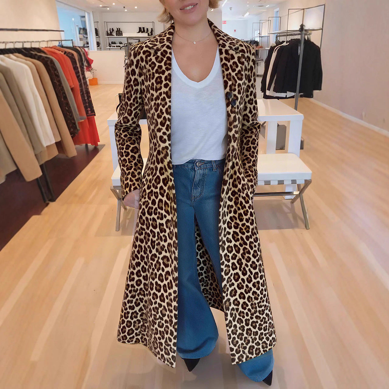 Cappotto da donna con revers e stampa leopardata, trench casual, abbigliamento da donna