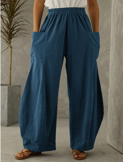Solid Color Pocket Elastic Waist Casual Trousers