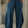 Solid Color Pocket Elastic Waist Casual Trousers