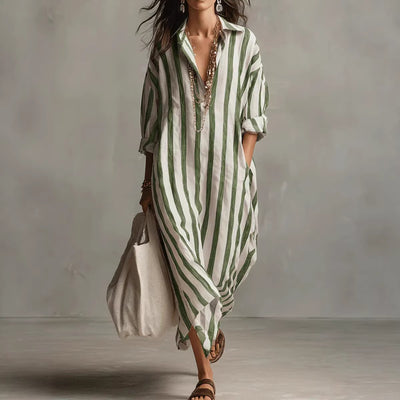 Loose V-neck Long Striped Shirt Dress