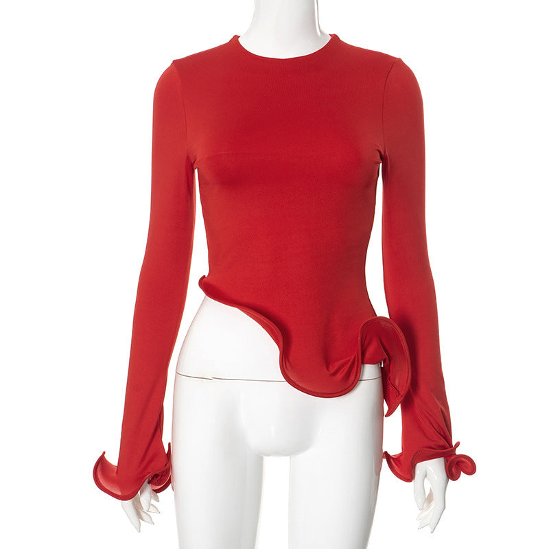 Women's Three-dimensional Plastic Ruffled Round Neck Flared Long-sleeved Top