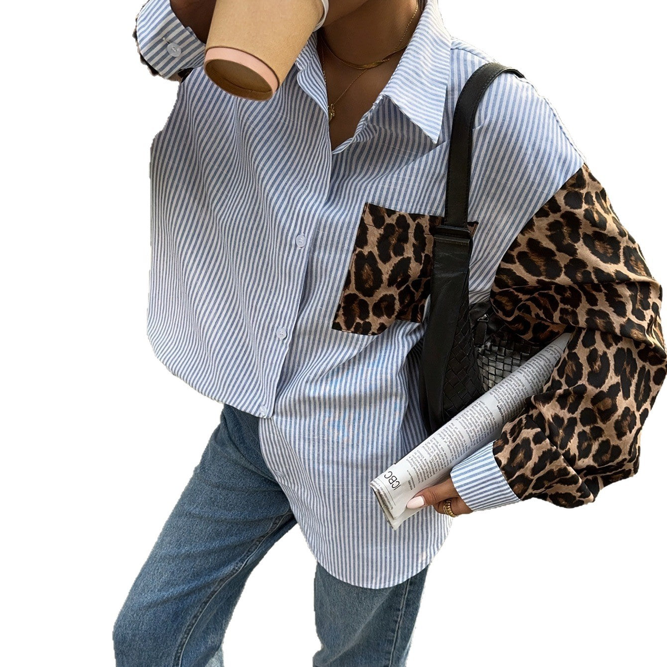 Nuovo top camicia patchwork con stampa leopardata dalla vestibilità morbida