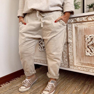 European And American Patchwork Drawstring Elastic Harem Casual Pants Pure Cotton