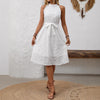 Elegant White Embroidered High-waisted Halter Dress With A Cinched Waist