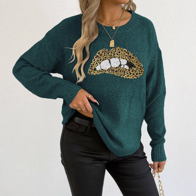 Female Leopard Print Embroidered Sequins Lips Personality Crew Neck Pullover Sweater