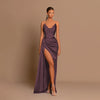 Womens Deep-V Waist-Cinching Satin Split Dress