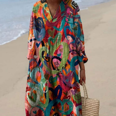 Resort Style Printed Long Sleeve For Women Loose Fitting V Neck Maxi Dress