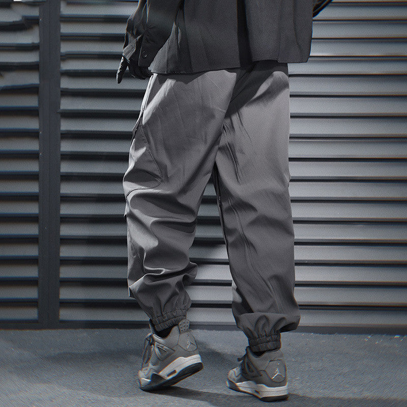 Contrast Color Line-pressing Multi-pocket Trousers Men's Loose Casual Pleated