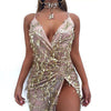 Abito con scollo a V sexy con paillettes e spalline all'americana