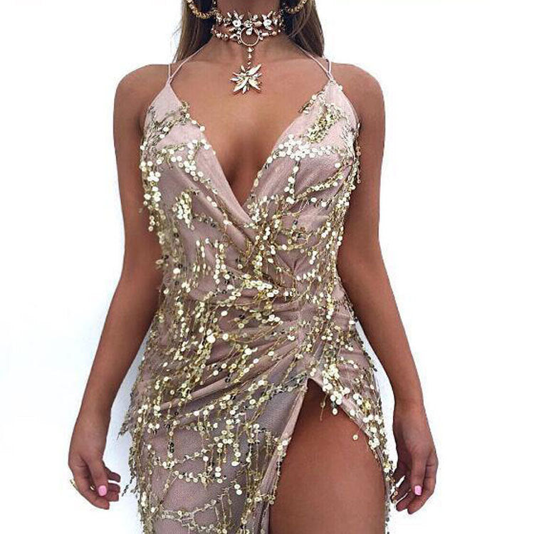 Abito con scollo a V sexy con paillettes e spalline all'americana