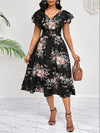 Spring Summer Ruffled-Edge Short-Sleeve Printed Dress With Elastic Waist