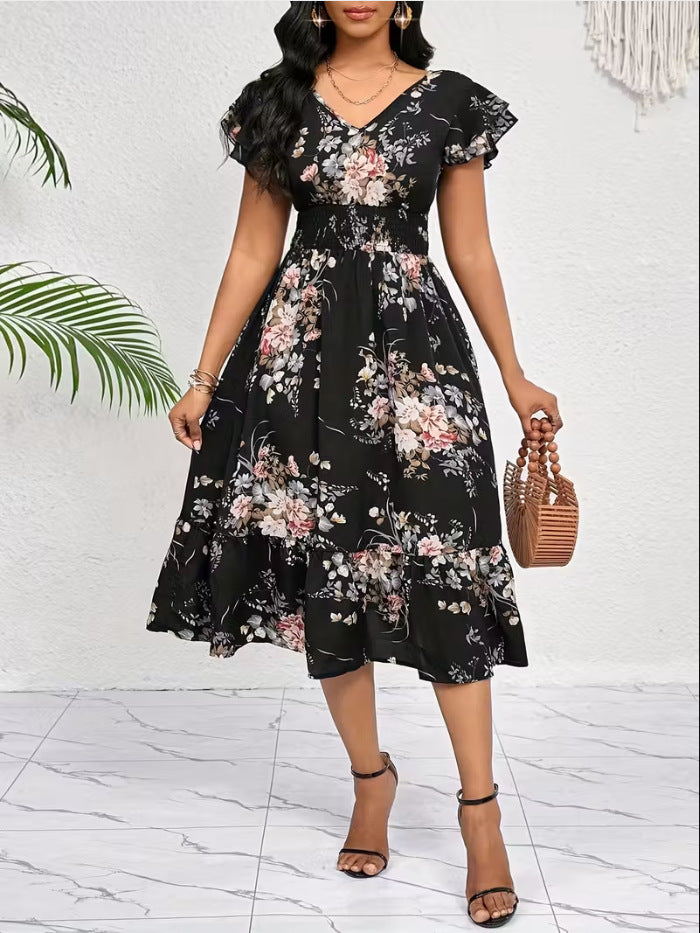 Spring Summer Ruffled-Edge Short-Sleeve Printed Dress With Elastic Waist