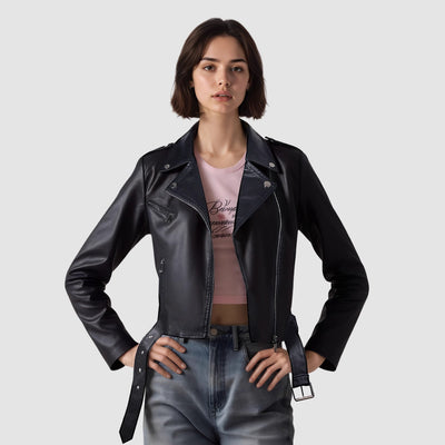 Lapel Short Belt Women's PU Simple Leather Jacket Motorcycle Jacket