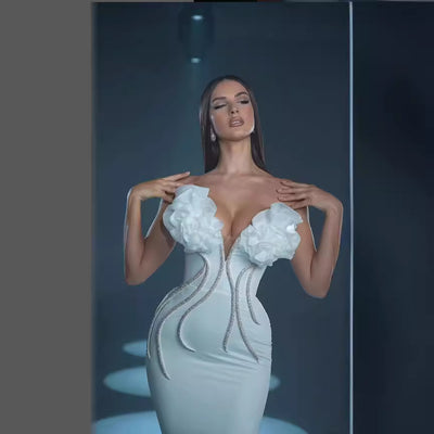 Abito da sera lungo senza spalline con catena di fiori, nuovo stile di moda europea e americana, temperamento da socialite