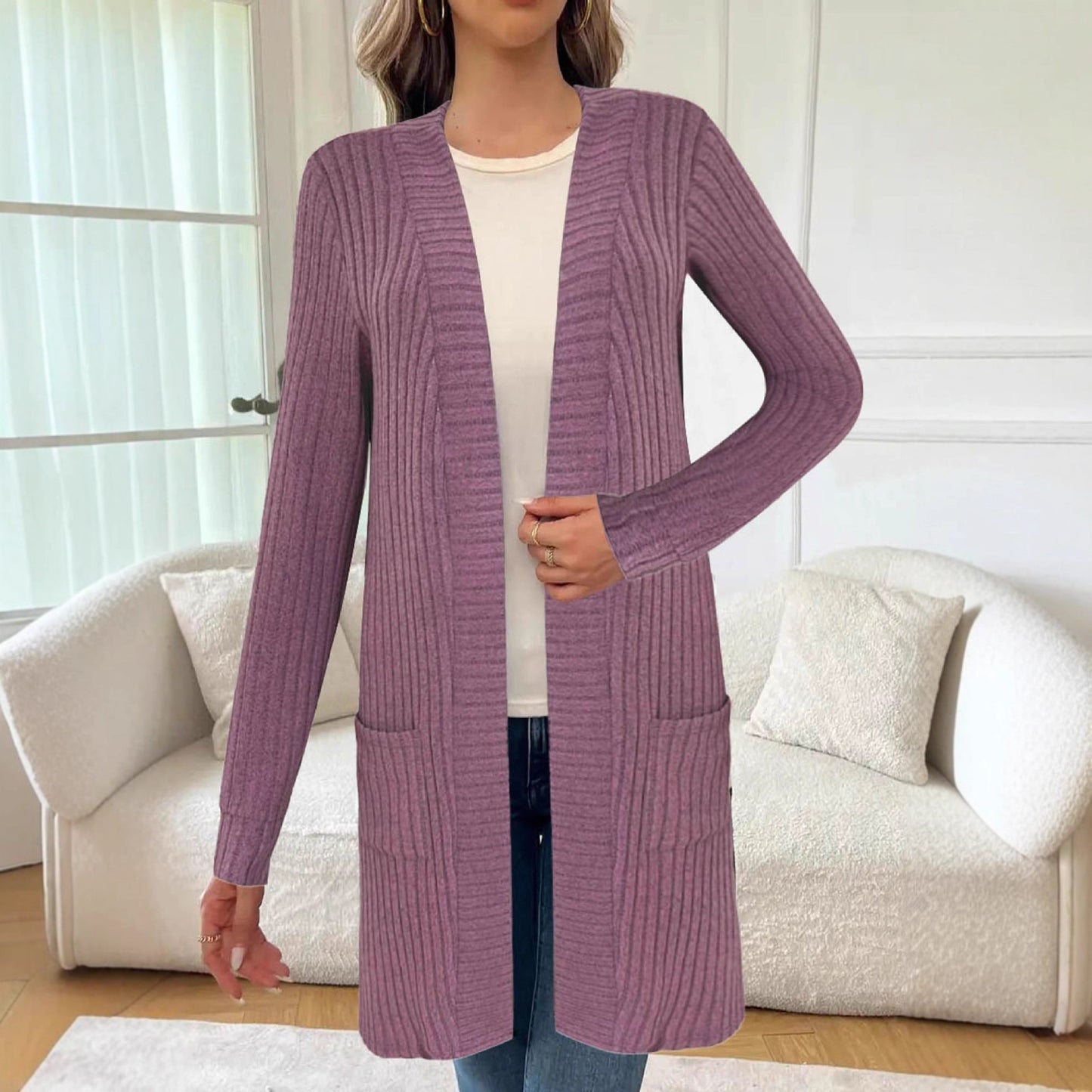 Long Sleeve Loose Pockets Knitted Cardigan Jacket