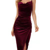 Abito da donna elegante con spacco, plissettato, in velluto, con spalline sottili