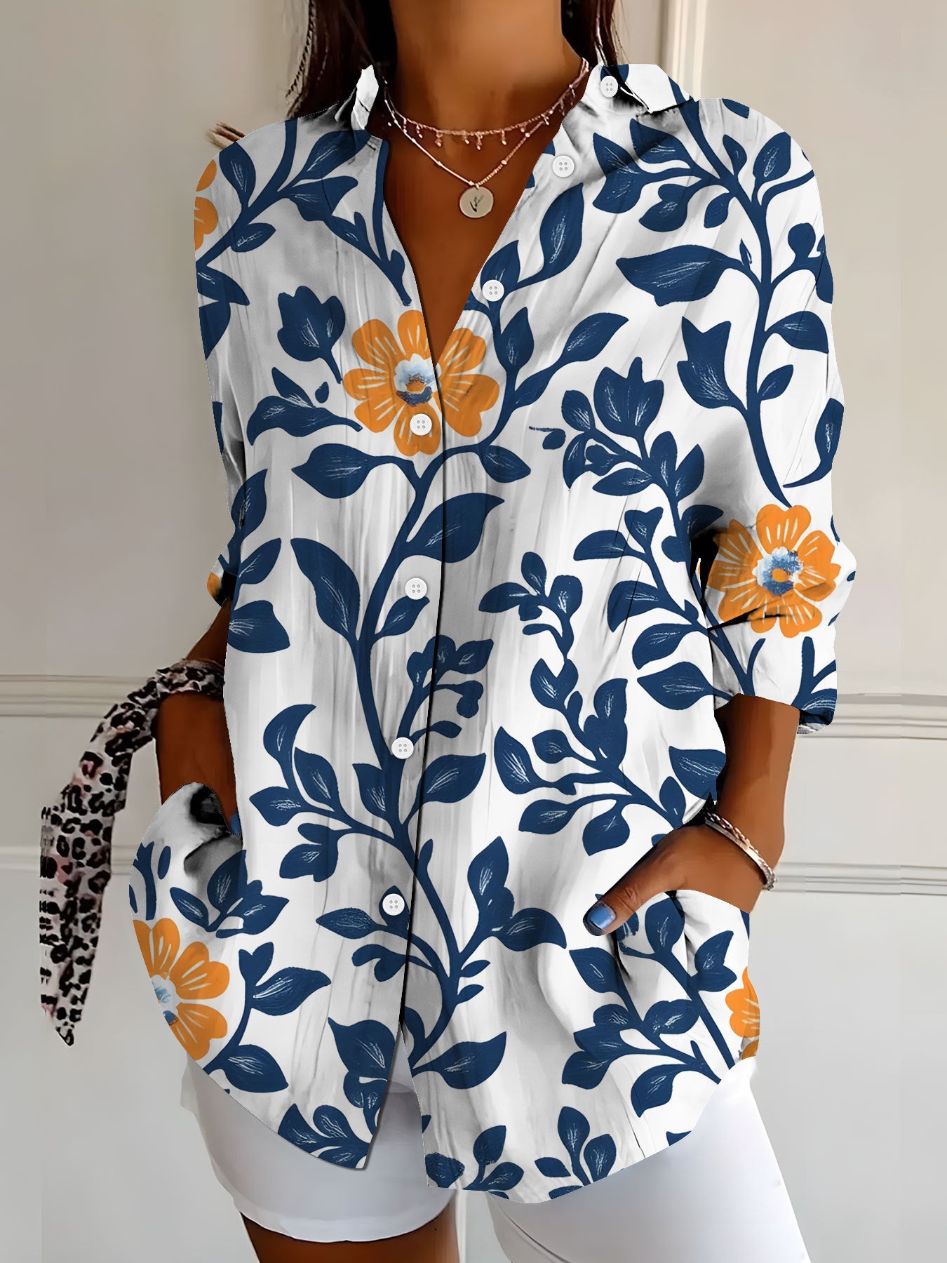 Camicia da donna a maniche lunghe, stampa floreale retrò ed elegante
