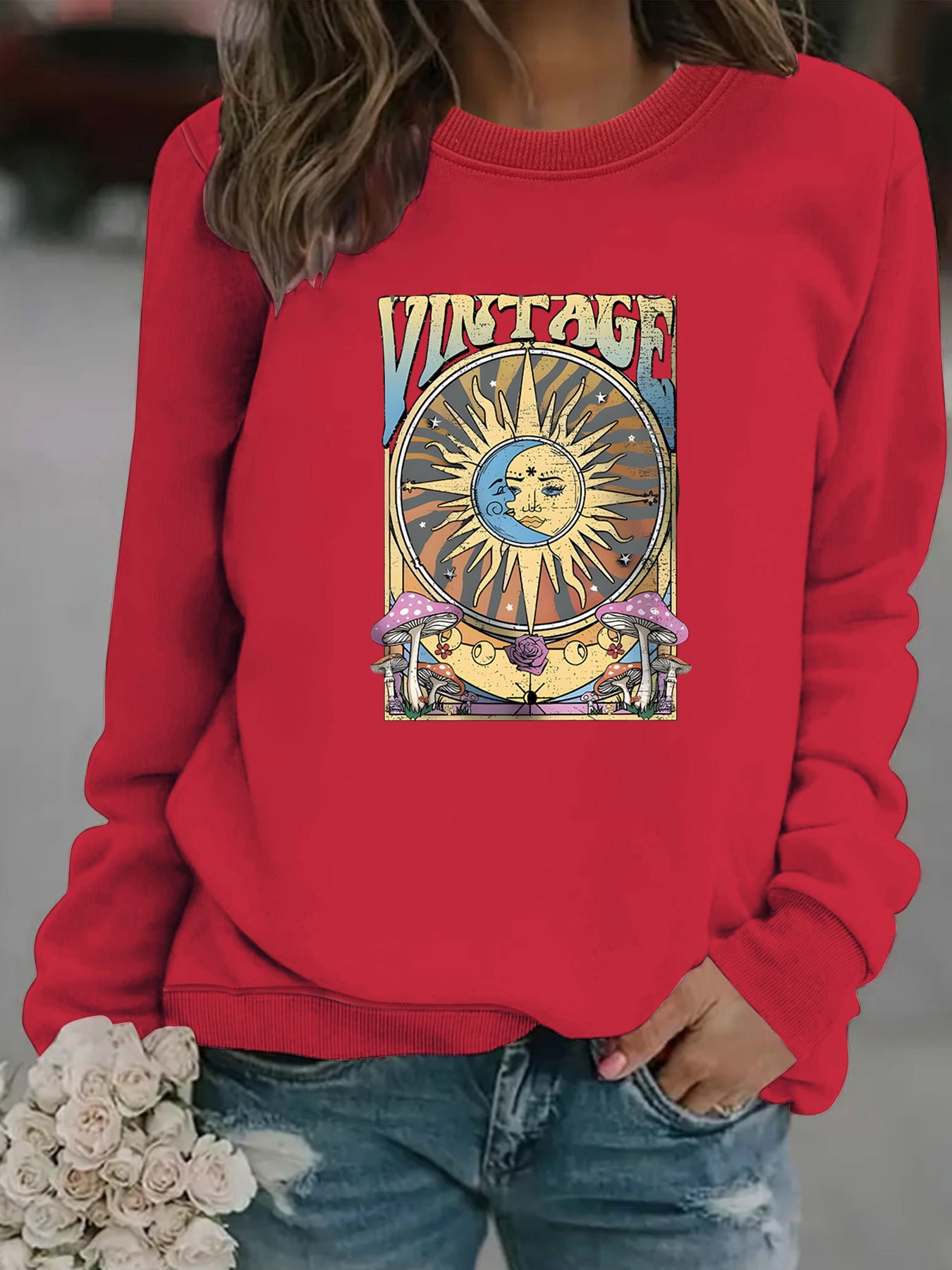 Felpa con cappuccio e stampa sole e luna, casual, a maniche lunghe, girocollo, da donna, autunno e inverno