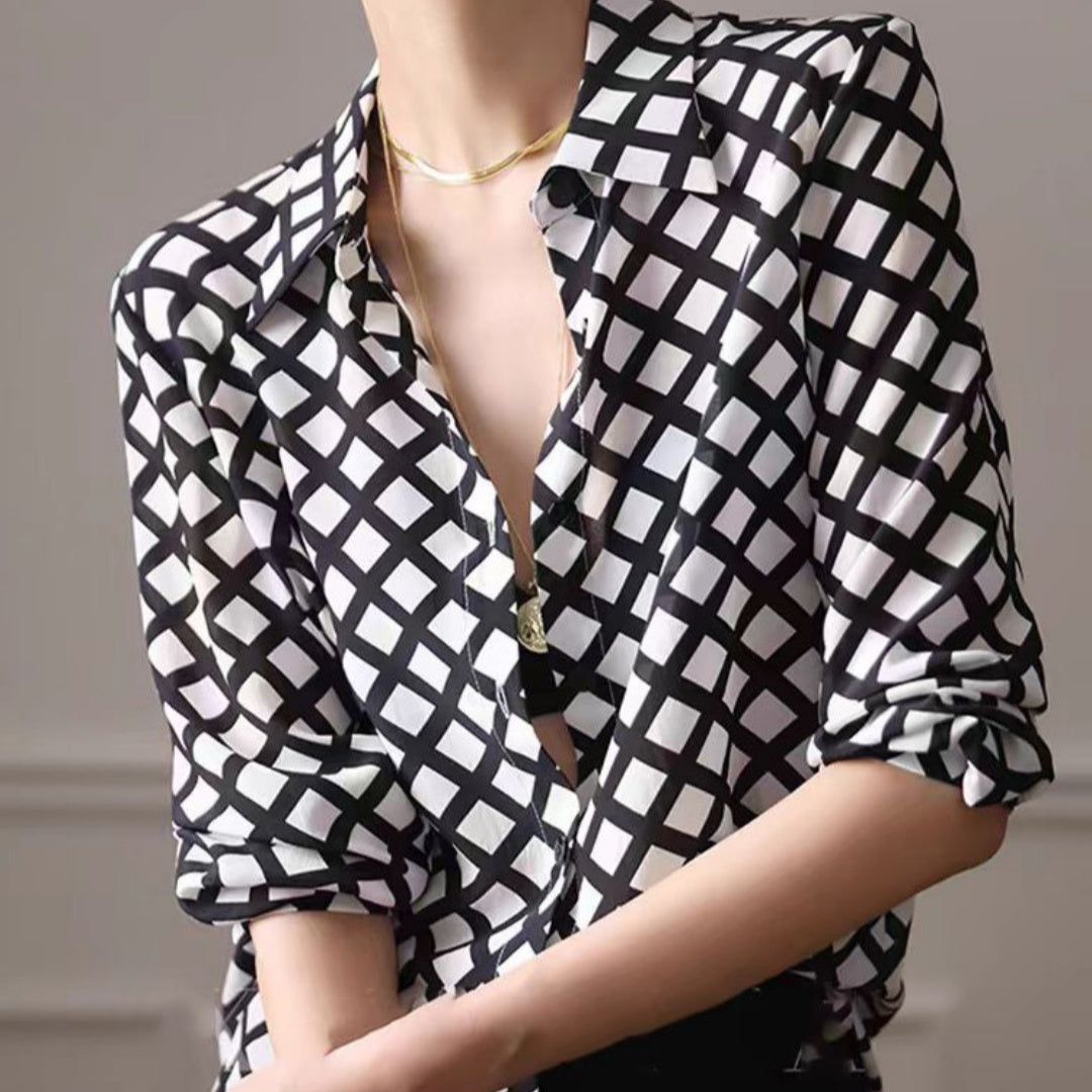 Camicia da donna a quadri in seta satinata, stile retrò, di alta qualità, bianca e nera