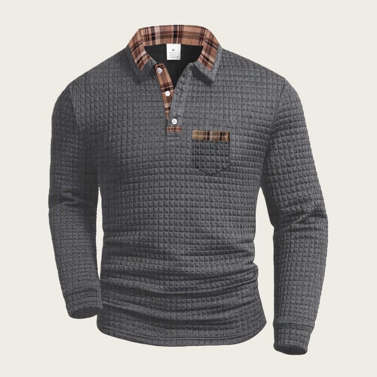 Polo da uomo a maniche lunghe in tinta unita con tasche e colletto