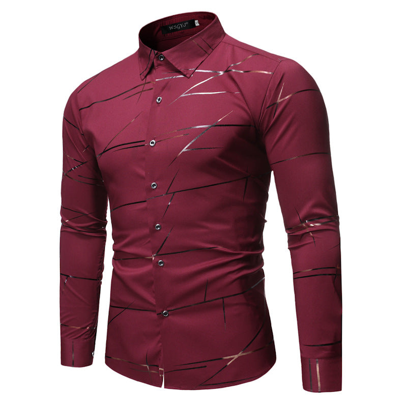 Camicia da uomo a maniche lunghe con stampa bronzata e colletto alla coreana modello Henry