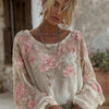 Top in lino ampio ricamato a rose, stile retrò bohémien