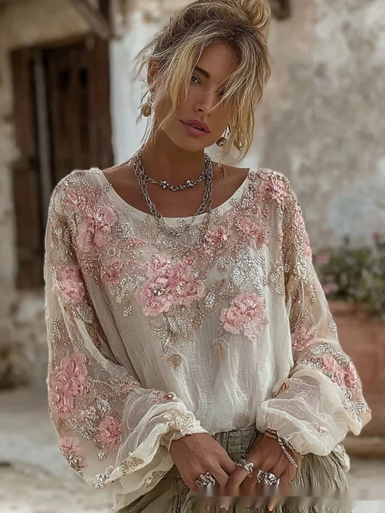 Top in lino ampio ricamato a rose, stile retrò bohémien