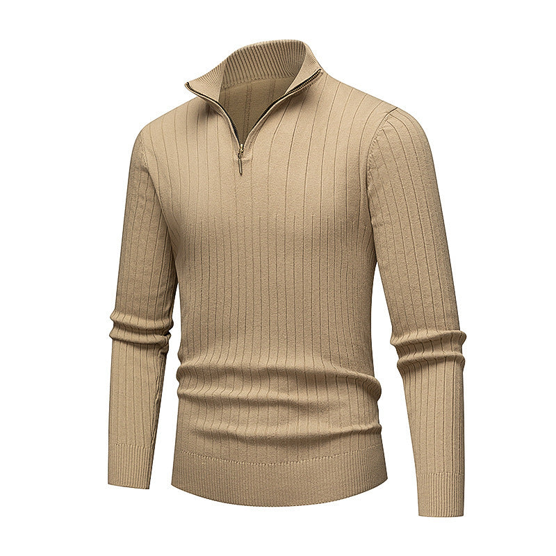 Men's Knitwear Half Zipped Stand Collar Striped Sweater