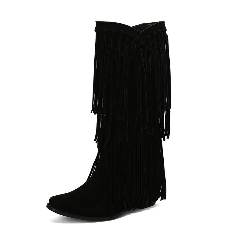 Women's High Boots Autumn And Winter Suede High Heel Tassel Boots Below The Knee