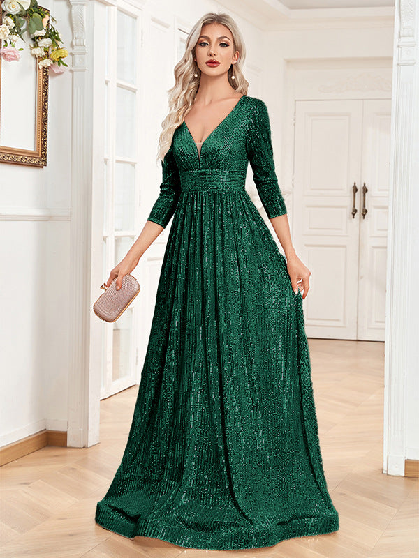 Vestito da sera formale con paillettes, scollo a V, vita alta