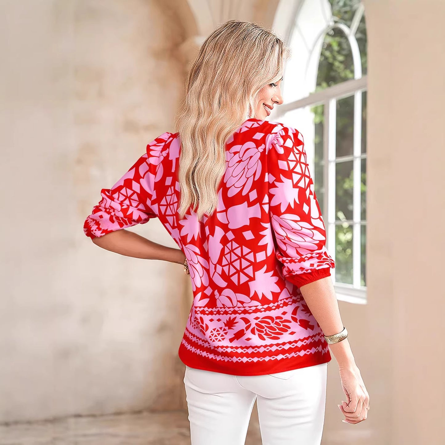 Camicia cardigan da donna a maniche lunghe stampata con collo a punta