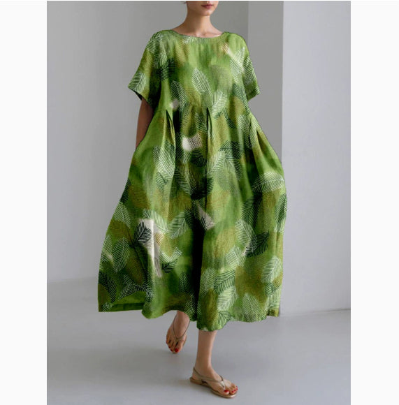 Womens 3D-printed Plus-size Loose-fit Short-sleeve Dress